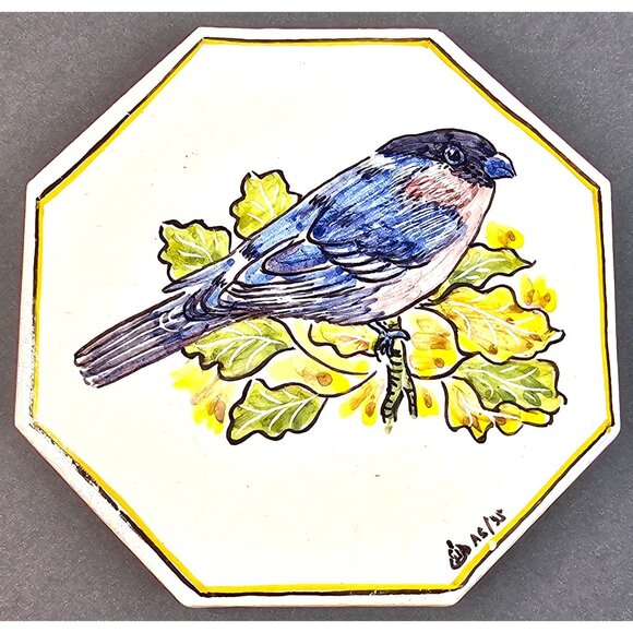 1996 Hand-Painted Ceramic Bird Set Of 2 Octagonal Cork Back Signed Art 6x6 - Picture 4 of 8